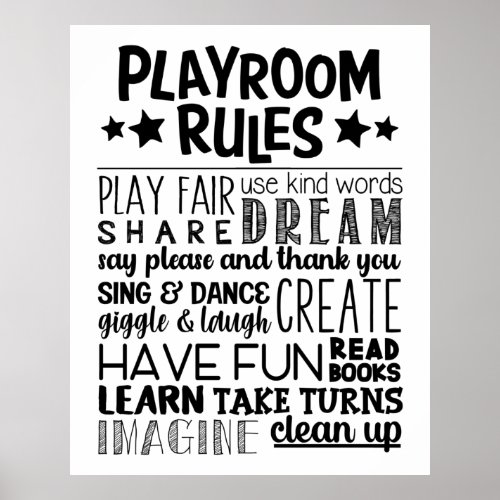 Playroom Rules Black  White Poster