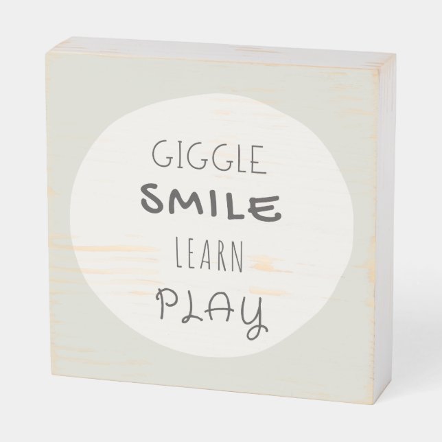 playroom Wood Box Sign. giggle.smile.learn.play (Angled Horizontal)