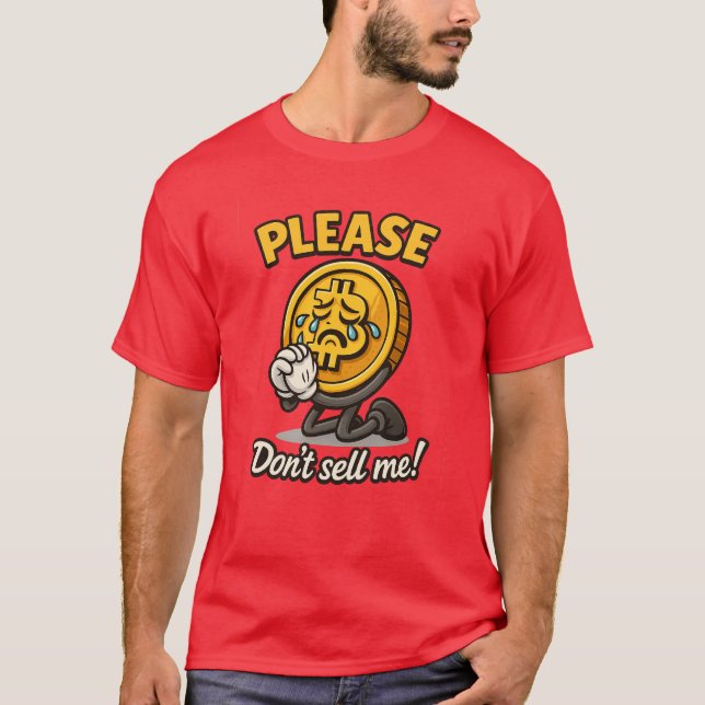 Pleading Bitcoin Mascot – Emotional Crypto Cartoon T-Shirt (Front)