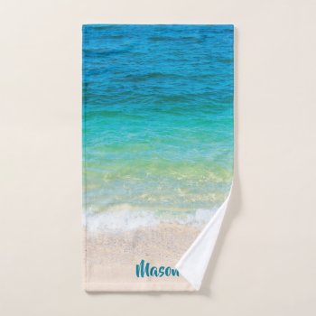 Pleasant Beach (with Personalized Name) Hand Towel by colorfulworld at Zazzle