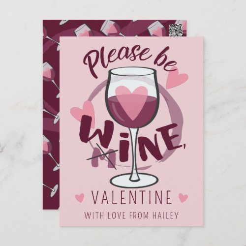 Please be mine Wine Valentine Funny text Cute pink Postcard