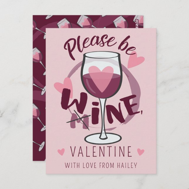 Please be mine Wine Valentine Funny text Cute pink Postcard (Front/Back)