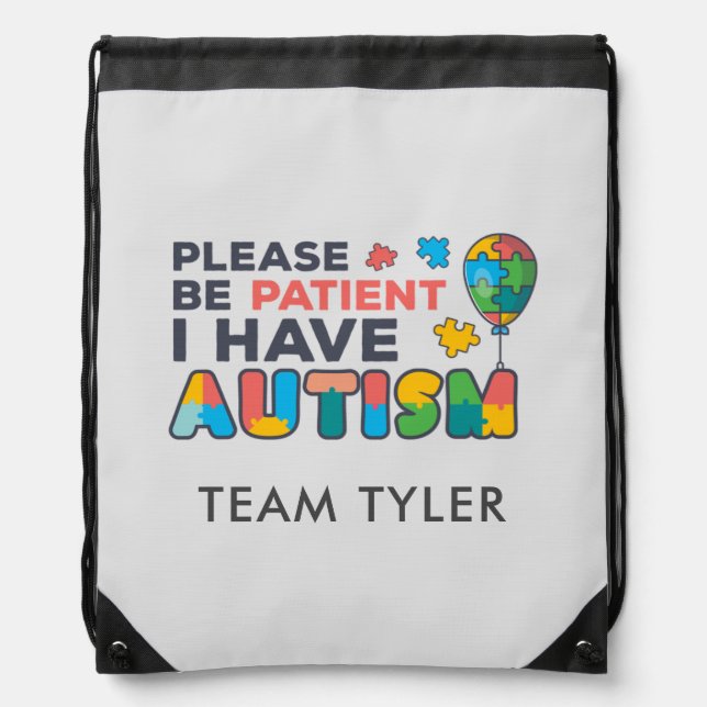 Please Be Patient I Have Autism Puzzles Balloon Drawstring Bag (Front)