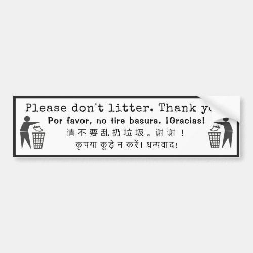 Please Dont Litter Thank You Multilingual Custom Bumper Sticker