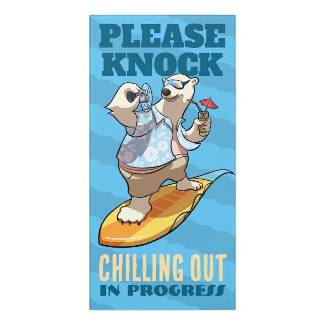 Please Knock Funny Surfing Polar Bear Cartoon Door Sign (Classic Front Vert)