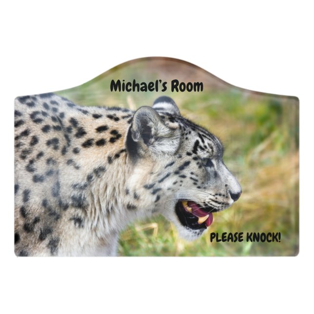 Please Knock! Snow Leopard Door Sign (Small Crest Front)