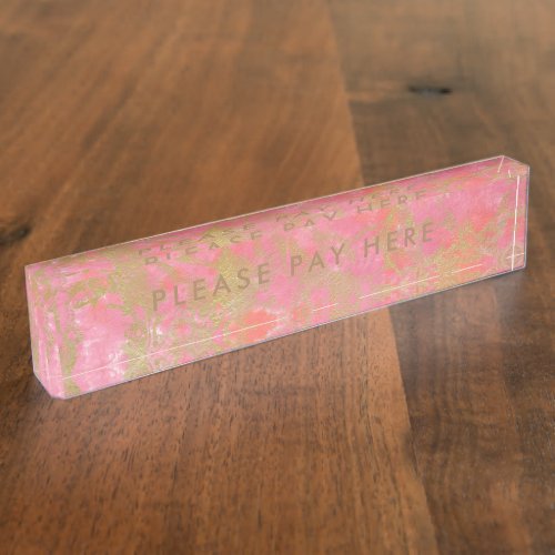 Please Pay here Sign Pink Marble Gold Business Desk Name Plate