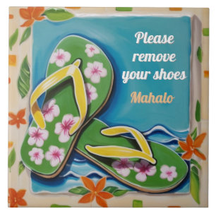 Please Remove Shoes Sign Green Hawaiian Flip Flops Ceramic Tile