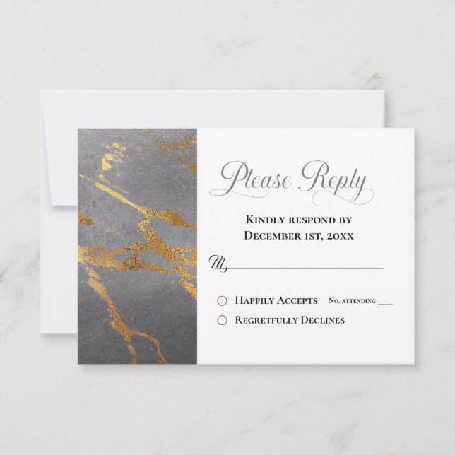 Please Reply, RSVP Trendy Grey with Gold Marbling (Front)