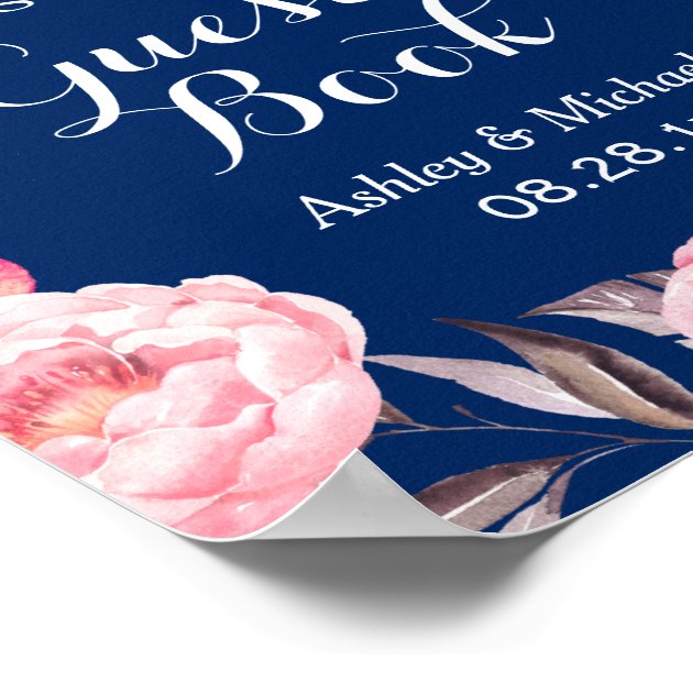 Please Sign Guestbook Navy Blue Floral Wreath
