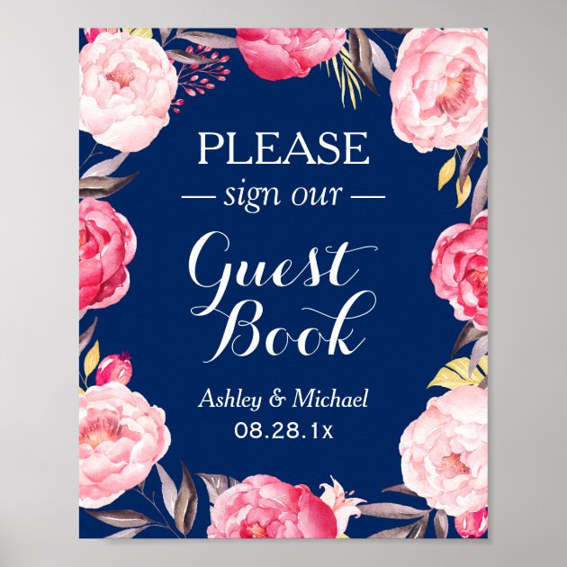Please Sign Guestbook Navy Blue Floral Wreath