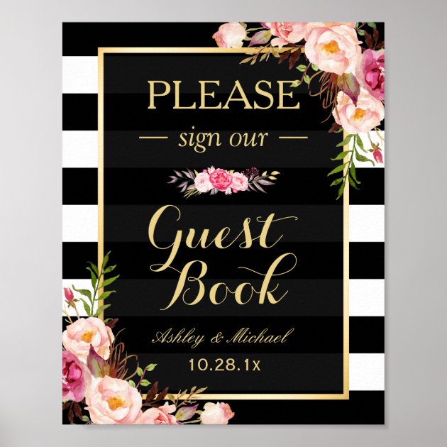 Please Sign Our Guestbook | Floral Stripes Wedding Poster