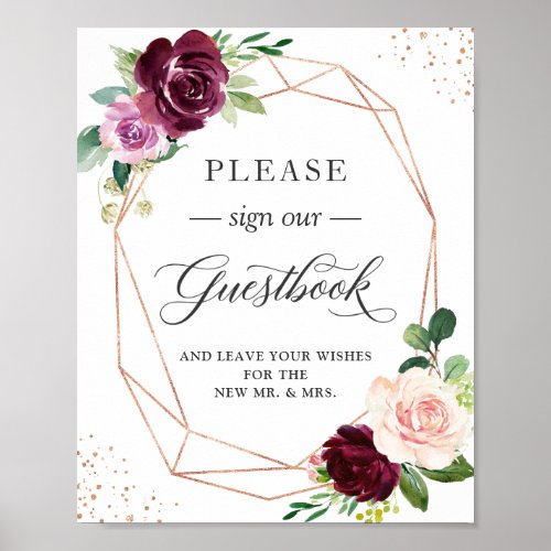 Please Sign Our Guestbook Plum Purple Blush Floral - Modern Geometric Plum Purple Blush Floral Wedding Guestbook Sign Poster. 
(1) The default size is 8 x 10 inches, you can change it to a larger one. 
(2) For further customization, please click the "customize further" link and use our design tool to modify this template. 
(3) If you need help or matching items, please contact me.