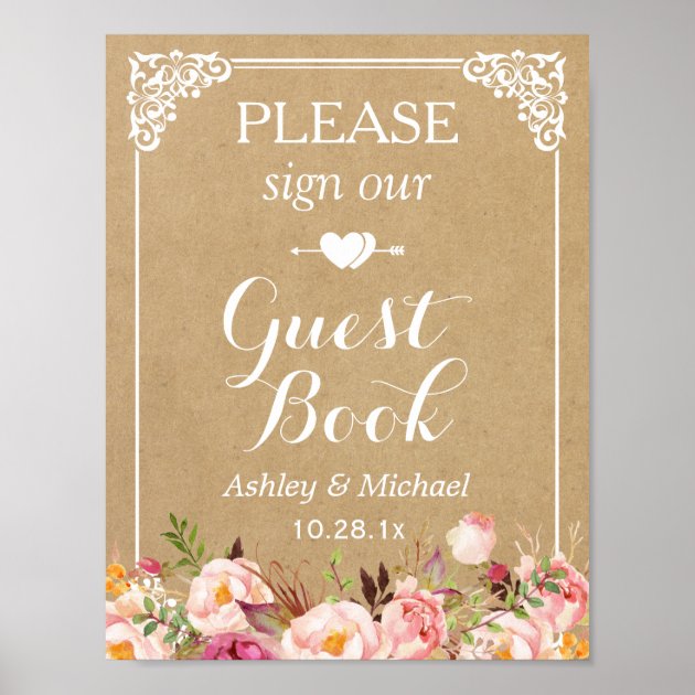 Please Sign Our Wedding Guestbook - Floral Kraft