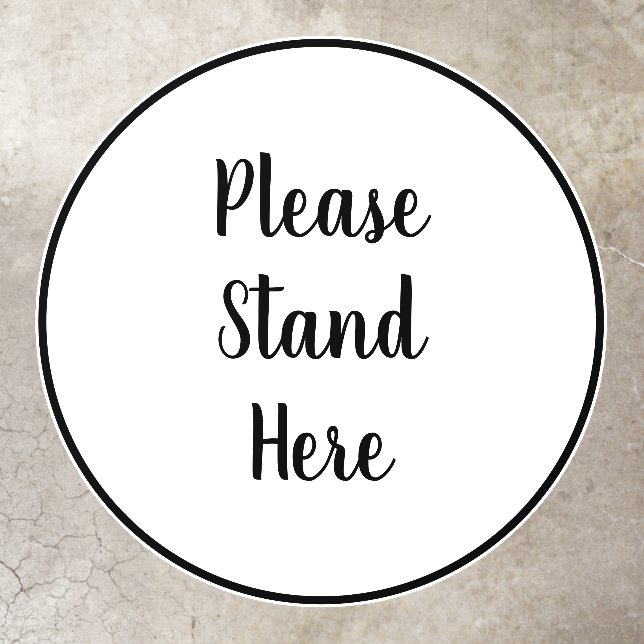 Please stand here black white custom script circle floor decals (Insitu)