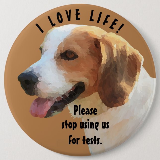 "Please stop using us for tests" Beagle Pin Button (Front)