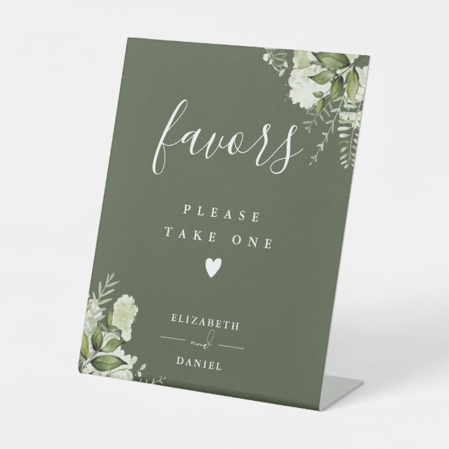 Please Take A Favor Olive Green Floral Greenery Pedestal Sign (Front)