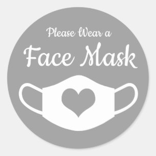 Please Wear a Face Mask Gray and White Heart Classic Round Sticker