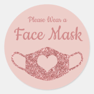 Please Wear a Face Mask Rose Gold Glitter Heart Classic Round Sticker