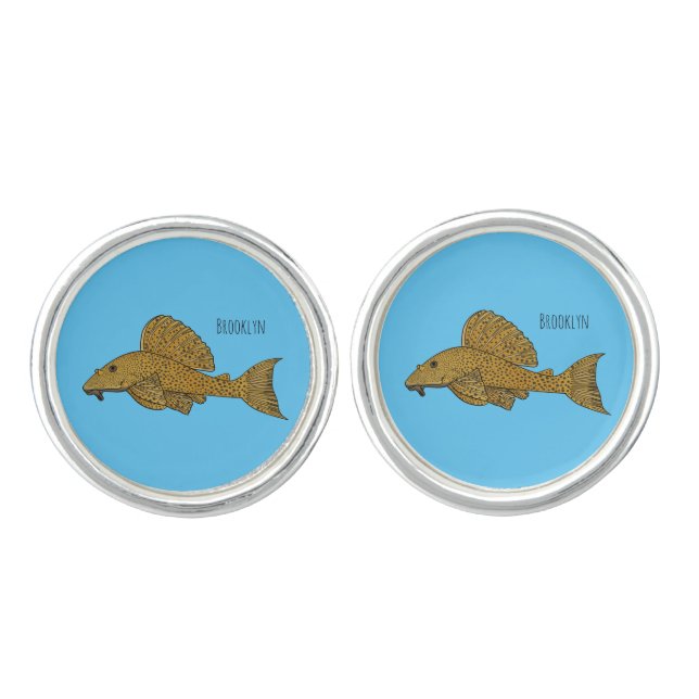 Pleco fish cartoon illustration cufflinks (Front)