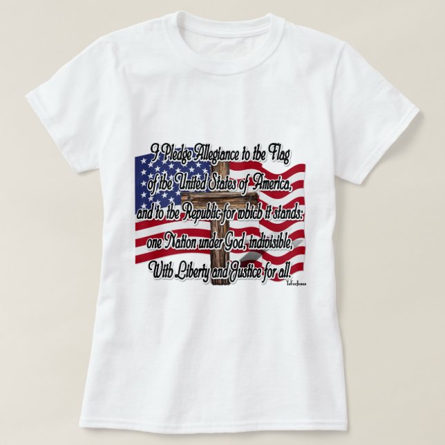 Pledge of Allegiance with US Flag and Cross T-Shirt (Design Front)