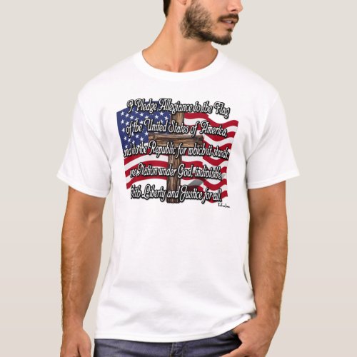 Pledge of Allegiance with US Flag and Cross T_Shirt