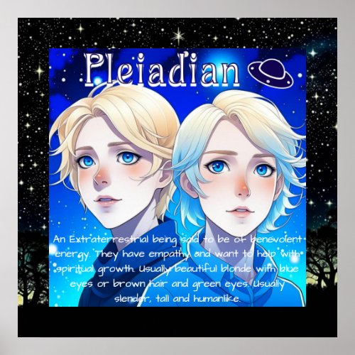 Pleiadian Alien Race with Stars and UFOs Poster