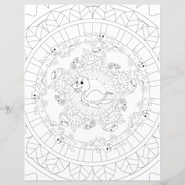 Plesiosaurus Dinosaur Mandala Kids Coloring Page (Front)