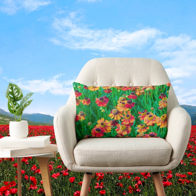 Plethora of Red and Orange Heleniums Lumbar Pillow (Creator Uploaded)