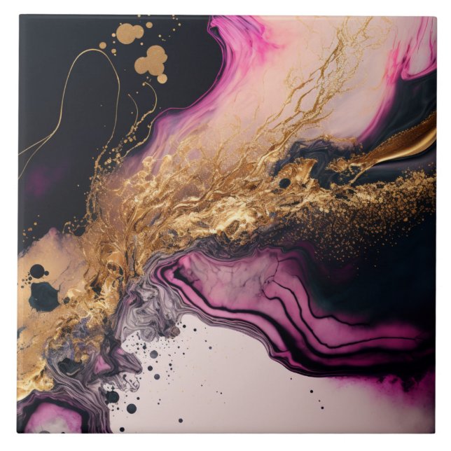 Plink Black Gold Glitter Marbled Agate Ceramic  Tile (Front)