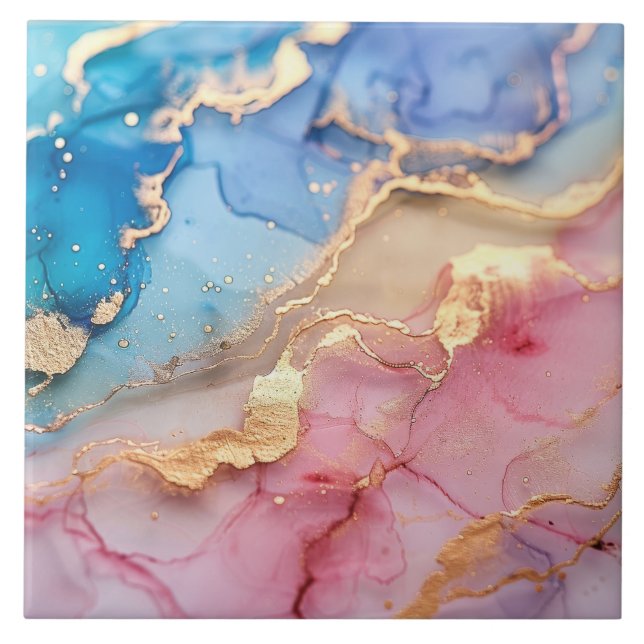 Plink Blue Gold Glitter Marbled Agate Ceramic  Ceramic Tile (Front)