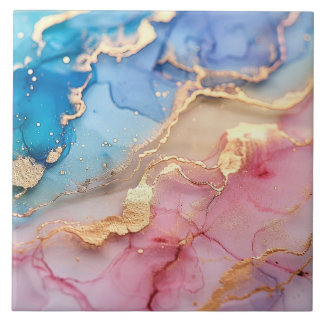 Plink Blue Gold Glitter Marbled Agate Ceramic  Tile