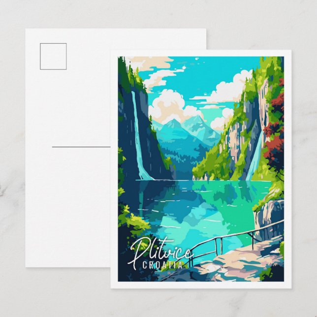 Plitvice Croatia vintage travel illustration Postcard (Front/Back)