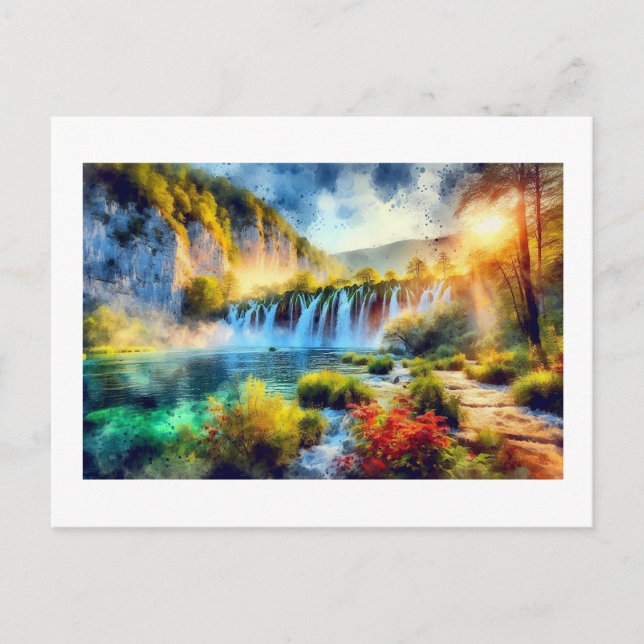 Plitvice Waterfall at Sunset,  Postcard (Front)