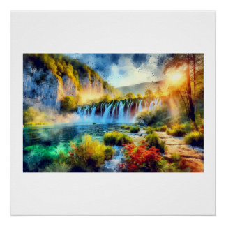 Plitvice Waterfalls at Sunset, Poster