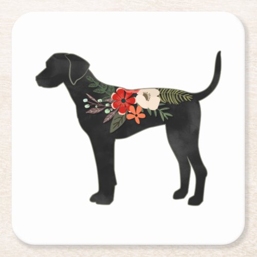 Plott Hound Dog Breed Boho Floral Silhouette Square Paper Coaster