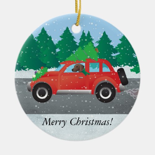 Plott Hound Dog Driving Christmas Car Ceramic Ornament