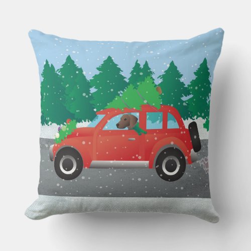 Plott Hound Dog Driving Christmas Car Throw Pillow