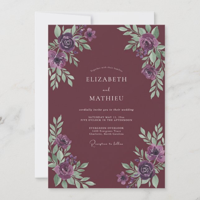 Plum Amethyst Leafy Wedding Invitation (Front)