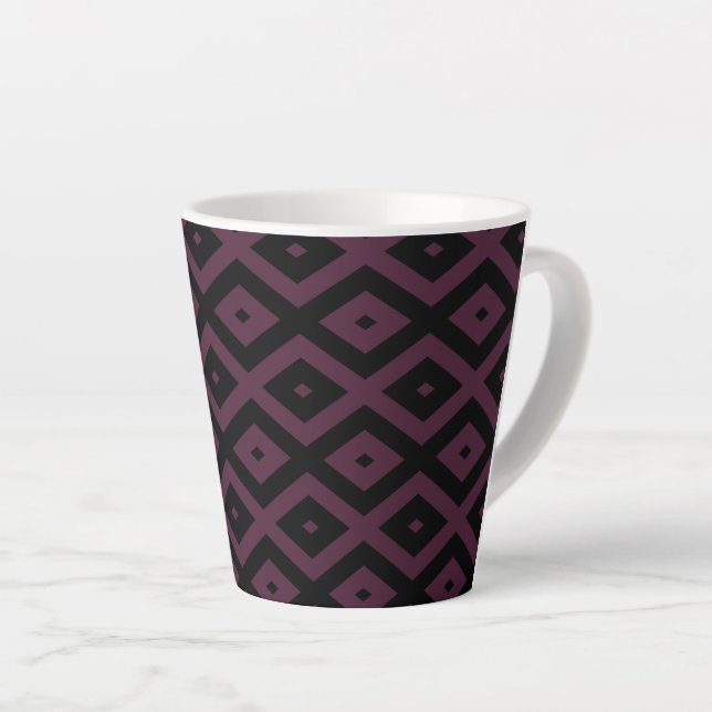 Plum and black diamond pattern latte mug (Right Angle)