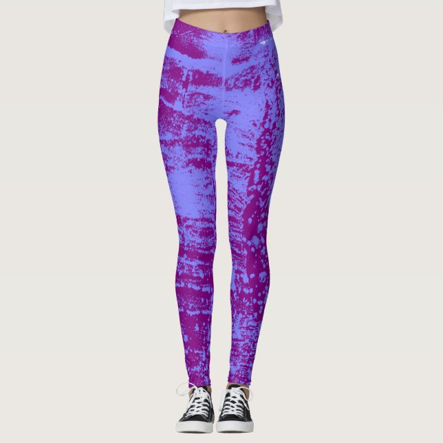 Plum and Blue Gray Mottled Wax Texture Leggings (Front)