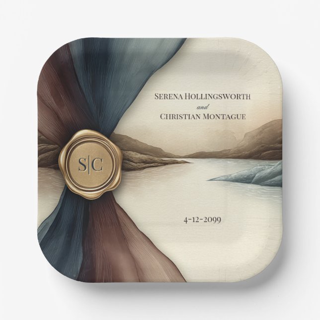 Plum and Blue Ombre Ribbon Seal Paper Plates (Front)