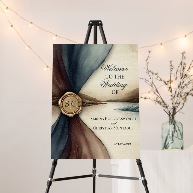 Plum and Blue Ombre Ribbon Seal Wedding Welcome Foam Board (In Situ (Stand))