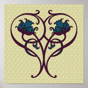 Plum And Blue Ornate Floral Design Art Poster