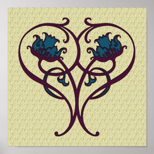 Plum And Blue Ornate Floral Design Art  Poster (Front)