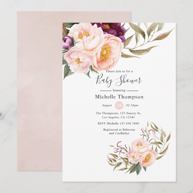 Plum and Blush Floral Baby Shower Invitation (Front/Back)