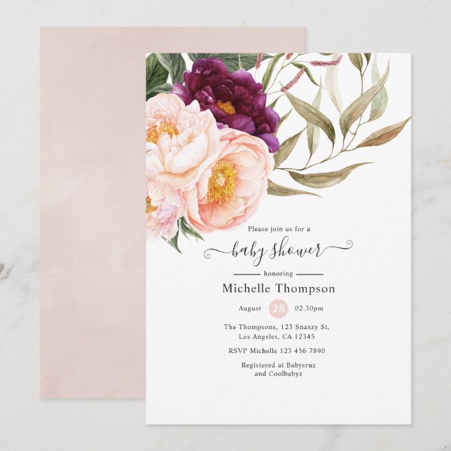 Plum and Blush Floral Baby Shower Invitation (Front/Back)