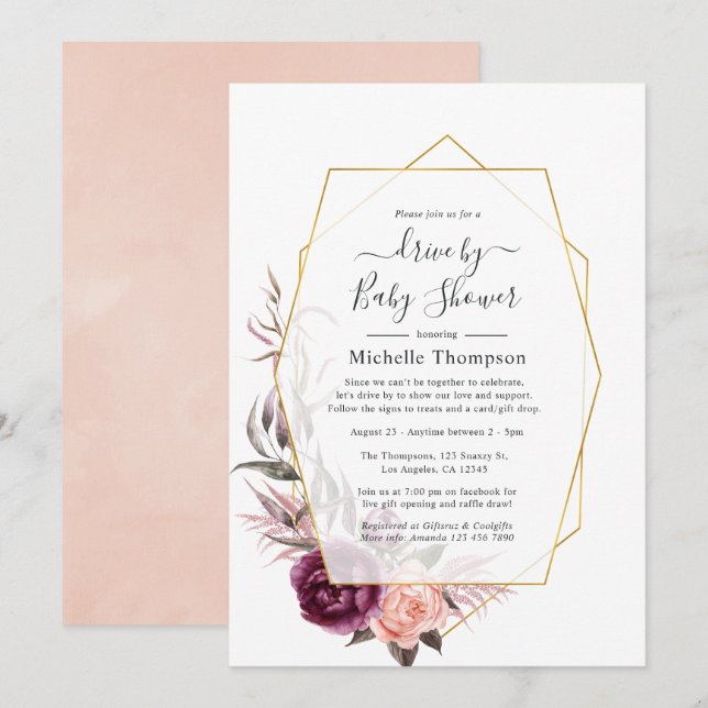 Plum and Blush Floral Geometric Drive By Shower Invitation (Front/Back)