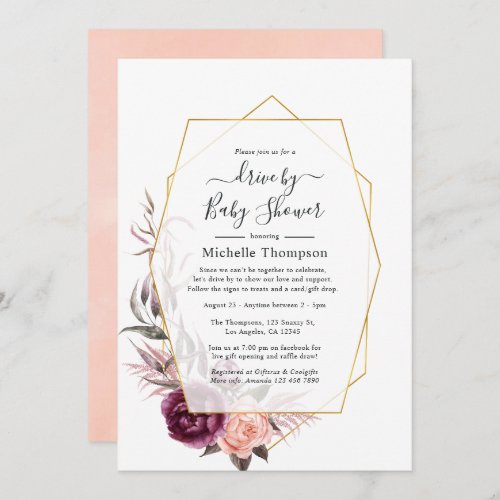 Plum and Blush Floral Geometric Drive By Shower Invitation