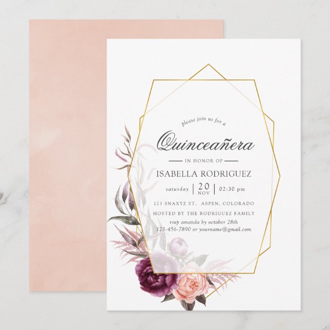 Plum and Blush Floral Geometric Quinceañera Invitation (Front/Back)